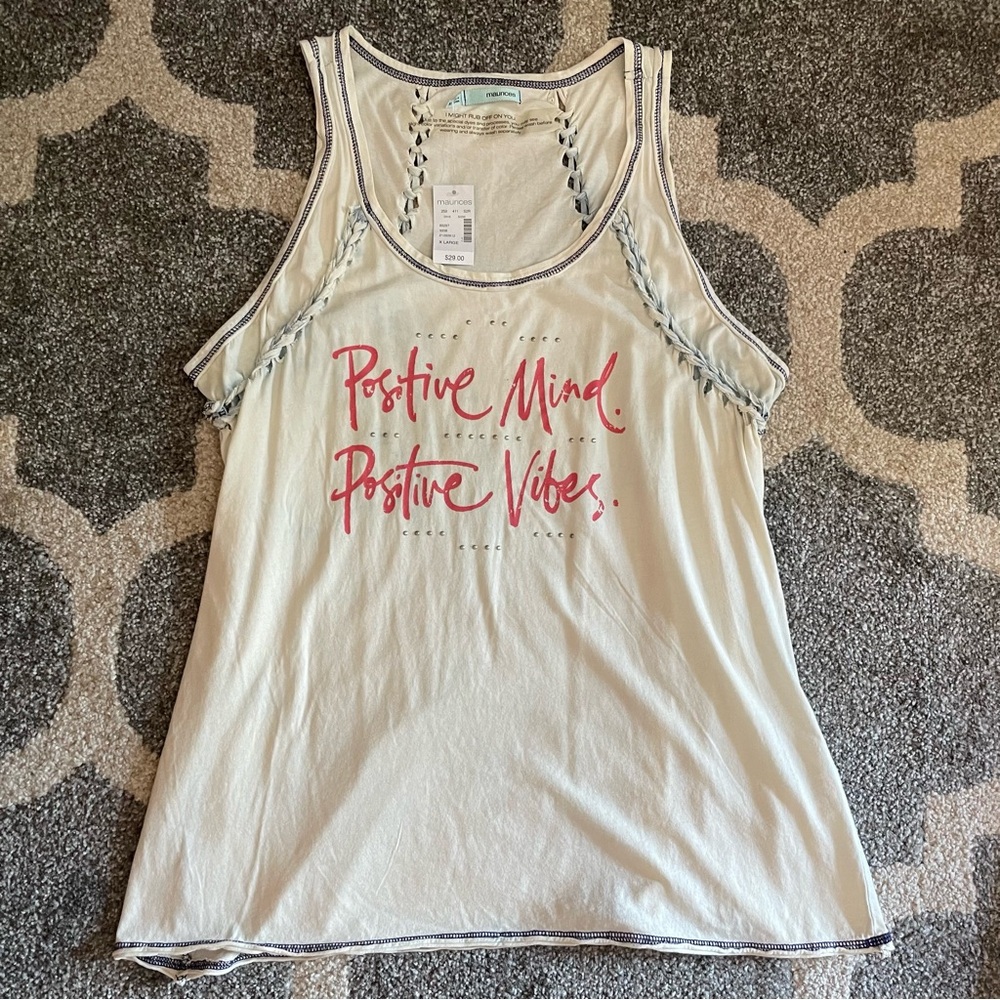 Maurice’s Women’s Tank Top XL Positive Mind Positive Vibes White Braided Knotted